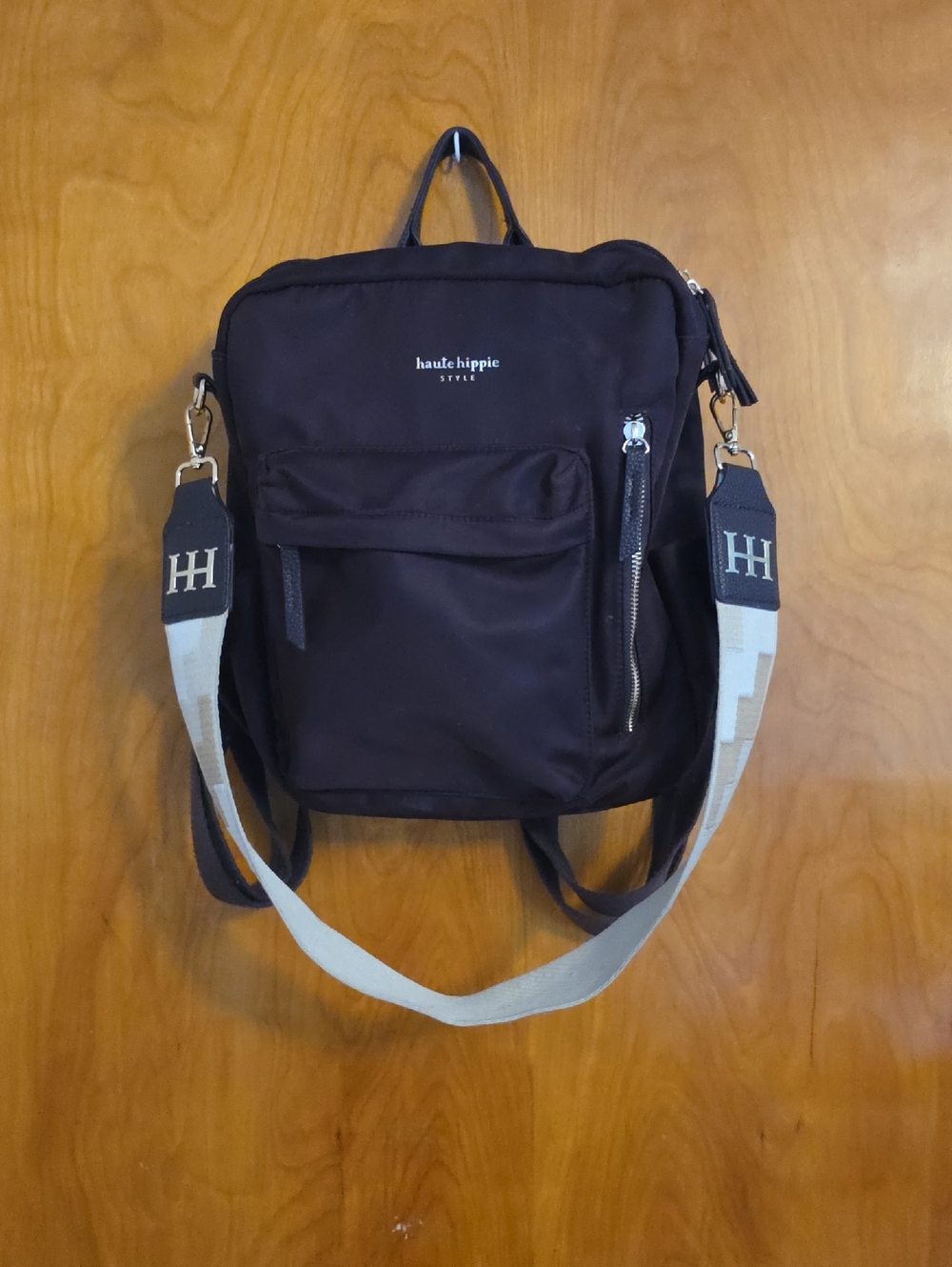 Haute Hippie Burgundy Nylon Backpack with Patterned Detachable Strap